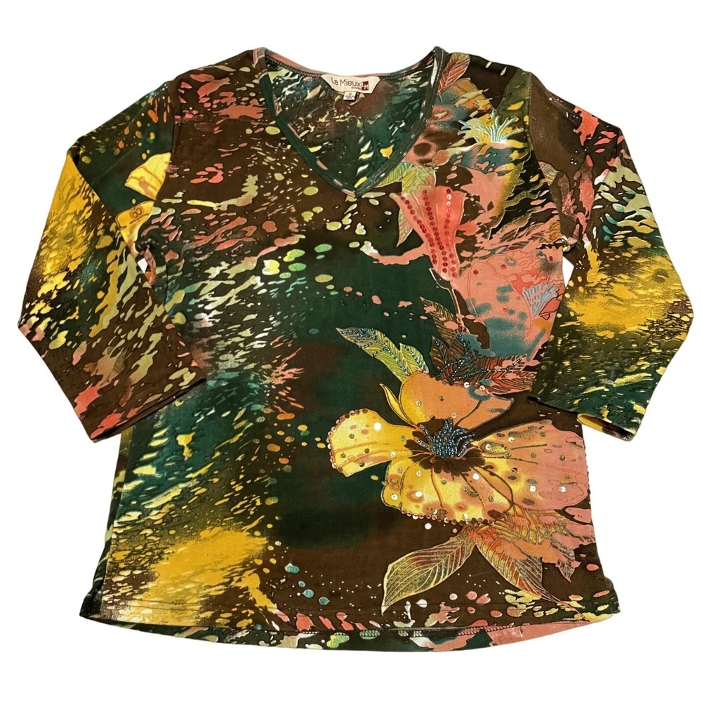 Le Mieux Studio Floral Beaded V-Neck Top Abstract Art Boho 3/4 Sleeve Small e1